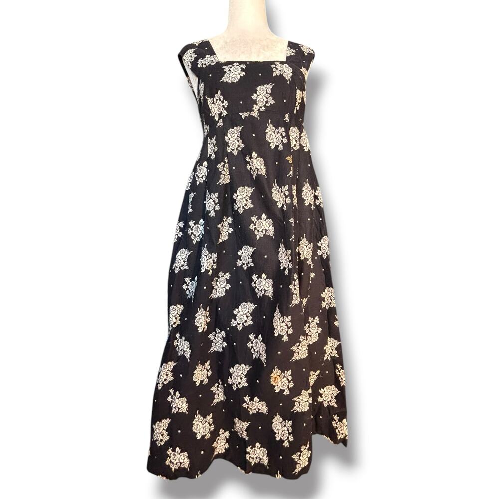 Vintage Saks Fifth Avenue Young Dimensions Black Floral Milkmaid Midi Dress XS
